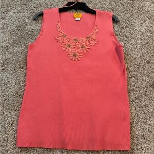 Ruby Rd. Coral Sleeveless Top with Ribbon Floral and Beaded Detail size 2X